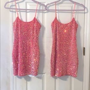 Iridescent sequin bodycon dress in pink.